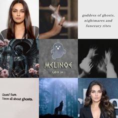 a collage of photos with the words melinos and images in them, including an image of a woman's face