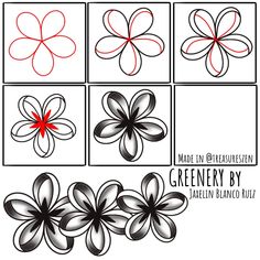 four different types of flowers with red and black petals on them, each one is drawn in