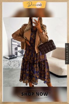 Women Casual Print Long Sleeve Dress Autumn Fashion Irregular Slim Dress Office Lady Elegant Button Ruffle Elastic Waist Dresses Fall Dresses With Ruffles And Asymmetrical Hem, Fall Ruffle Hem Maxi Dress For Day Out, Knee-length Midi Dress With Ruffle Hem For Fall, Fall Knee-length Midi Dress With Ruffle Hem, Brown Buttoned Midi Dress For Fall, Dress Office, Elastic Waist Dress, Dress Autumn, Slim Dress