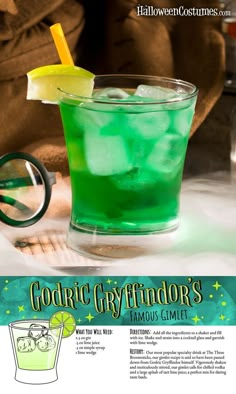 a green cocktail in a glass with a lemon slice on the rim and text that reads, gourmet gyrfindors famous