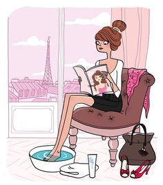 a woman sitting in a chair reading a magazine with the eiffel tower in the background