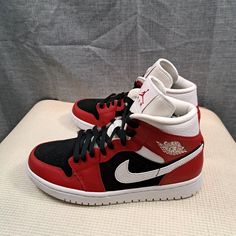 Size 9 Women’s Air Jordan 1 Mid Gym Red Black White Bq6472 601 Good Used Condition Air Jordan 1 Mid Black Sail Gym Red, Red White Black Jordans, Jordan 1 Mid Black And Red, Nike Jordan Red And Black, Jordan 1 Mid Black/fire Red/white, Womens Air Jordans, Pretty Shoes Sneakers, Air Jordan 1 Mid, Pretty Shoes