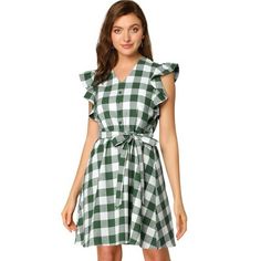 The plaid shirt dress is a must-have piece for summer! Create a retro silhouette with this vintage check shirt dress. This ruffled sleeve dress will see you through warmer days in effortless style. With an on-trend check print, this classic button-decor style boasts a shirt dress shape and nips in the waist with a tie waist for showing your waistline. Preppy Knee-length Summer Dresses, Casual Short Sleeve Plaid Dress With Ruffles, Short Sleeve Plaid Dress With Ruffles For Picnic, Summer Gingham Mini Dress With Short Sleeves, Short Sleeve Checkered Plaid Dress With Ruffles, Knee-length Plaid Dress For Summer Day Out, Summer Knee-length Plaid Dress For Day Out, Retro Mini Dress For Spring Picnic, Retro Mini Dress For Picnic In Spring