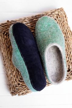 Felt warm women wool slippers green color mixed with natural beige color. Material that we use is high quality sheep's wool. Felt house slippers are felted using soap and warm water. No chemicals added. Soft slippers are warm comfy and cozy. Wool protects your feet from overheating so no sweat guaranteed. Give your feet some nice moments to relax with these hygge wool slippers. Slippers color is blush green mixed with natural no colored beige color. Sole: Suede leather (navy blue color). SOLE: T Comfortable Green Round Toe Clogs, Green Cushioned Slippers With Round Toe, Green Round Toe Slippers With Cushioned Footbed, Green Cushioned Round Toe Slippers, Comfortable Green Indoor Slippers, Comfortable Felt Slippers With Rubber Sole, Green Slip-on Winter Slippers, Winter Felt Slippers With Soft Sole, Green Comfortable Slippers With Round Toe