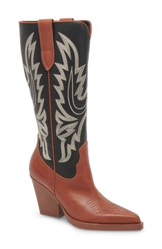 Intricate stitching maximizes the Western style of a knee-high boot lifted by a sturdy block heel. 3 1/2" heel (size 8.5)   12 1/2" shaft; 15 3/4" calf circumference.   Leather upper/100% recycled linen lining/synthetic sole   Imported Mid-calf Heeled Boots With Reinforced Heel, Western Block Heel Knee-high Boots For Fall, Western Knee-high Boots With Stacked Heel, Wide Calf Mid-calf Boots With Reinforced Heel, Western Wide Calf Knee-high Boots With Square Toe, Western Wide Calf High Heeled Boots, Black Western Knee-high Boots With Square Toe, Western Style Heeled Boots With Wide Calf, Western Style High Heel Boots For Wide Calves