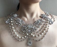 Victorian Bridal Necklace, Dangly Necklace, Vintage Bridal Necklace, Chandelier Necklace, Shoulder Necklace, Pearl Jewelry Wedding, Sparkle Necklace, Party Necklace, Necklace Wedding