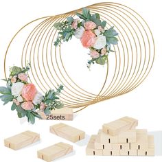 wooden blocks with flowers and greenery on them, surrounded by the numbers 25 sets