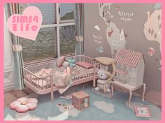 there is a child's room with pink furniture and decor on the walls,