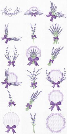 purple flowers with ribbons and labels on white paper for wall hangings or table decorations