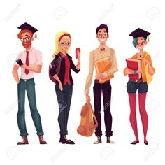 three people in graduation caps and glasses are standing next to each other, one holding a book