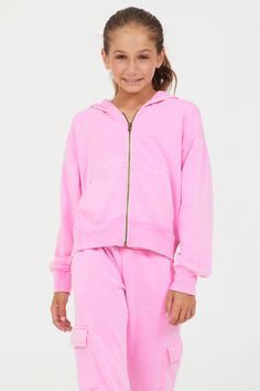 The Pink Solid Crop Zip Hoodie features: Zip up Hoodie Front pockets Cropped Pretty Candy, Skirt Jumper, Cargo Sweatpants, Lounge Looks, Kids Tie Dye, Vintage Swim, Rompers For Kids, Pink Shade, Pink Solid