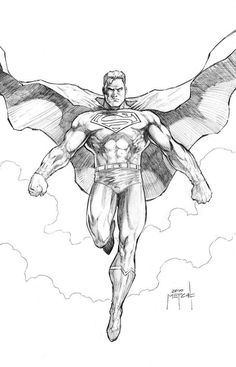 a drawing of superman flying through the air with his wings spread out and one arm outstretched