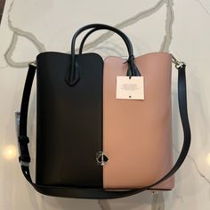 Nwt Kate Spade Nicole Pink & Black Leather Bicolor Large Tote/Shoulder/Crossbody Bag. This Versatile Structured Bag Features Two-Tone Smooth Leather In Classic Black And Blush Pink With Gold-Tone Hardware. It Can Be Worn As A Tote Or Converted To A Shoulder/Crossbody With The Detachable, Adjustable Strap. Inside Has A Slip Pocket And Zippered Pocket. Metal Feet Protect The Bottom Of The Bag. Comes With Kate Spade Dust Bag. Pink Shoulder Bag For Office, Designer Pink Satchel For Office, Kate Spade Black Designer Shoulder Bag, Designer Kate Spade Black Shoulder Bag, Designer Kate Spade Pink Bag, Structured Bag, Kate Spade Bag, Large Tote, Smooth Leather