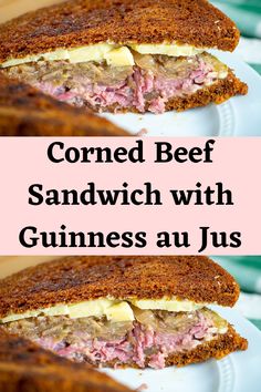 corned beef sandwich with guinness au jus on a white plate and pink background