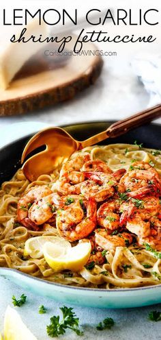 lemon garlic shrimp fettuccine in a skillet