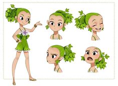 a cartoon girl with green hair and various facial expressions, all in different stages of development