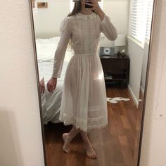 Gorgeous Vintage White Gunne Sax Dress. No Fabric Tag But Feels Like Cotton. Lightweight Sheer Fabric So You May Want A Slip. Beautiful Lace Collar. Lace Detail Up The Torso, Down Each Sleeve, And On The Skirt. Elastic Waist. Button Back. Puff Sleeves. No Rips Or Stains, In Amazing Condition. Perfect Cottagecore Look Vintage Gunne Sax Dress, Glitter Party Dress, Denim Pinafore Dress, Bib Dress, Sax Dress, Gunne Sax Dress, Printed Gowns, Vintage Gowns, Puff Sleeve Dress