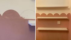 two different pictures of shelves in the same room, one is painted pink and the other is white