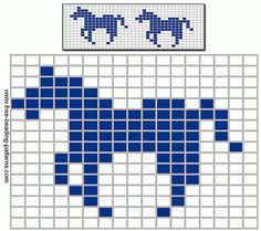 a cross stitch pattern with blue squares and horses on the bottom, as well as an image