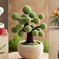 crocheted potted plants are arranged in different colors and sizes, including one tree