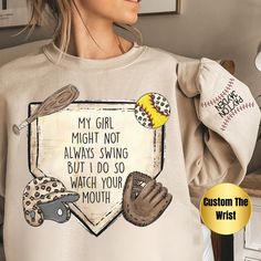 Introducing our hilarious softball mom sweatshirt the perfect blend of comfort and personalized style! Crafted from a soft and cozy medium-heavy fabric blend of 50% cotton and 50% polyester (8.0 oz/yd this unisex crewneck sweatshirt ensures warmth and comfort during the colder months. Featuring personalized funny phrase for the wrist this sweatshirt adds a special touch that any Softball-loving mama will adore. The ribbed knit collar retains its shape wash after wash, while the double-needle sti Aunt Sweatshirt, Softball Mama, Mama Crewneck, Mein Kind, Custom Softball, Softball Shirt, Baseball Humor, Softball Mom, Funny Phrases