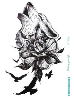 a drawing of a wolf with flowers and birds