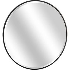 a round mirror on a white background with black trimmings and a circular metal frame