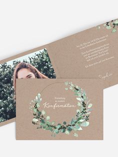 the front and back of a wedding card with an image of a woman's face