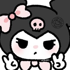 a drawing of a girl with big eyes and a skull on her head, holding her hands in front of her face