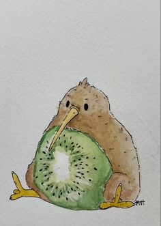 a drawing of a kiwi holding a piece of fruit