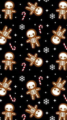 a black background with white and brown skulls, candy canes and snowflakes