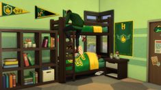 a room with bunk beds, bookshelves and other items in the room for children to use