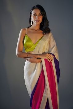 Hot pink, purple, beigish-light gold color block pre-draped saree in tissue base. Comes with embellished strap lime green blouse. - Aza Fashions Elegant Multicolor Blouse With Traditional Drape, Elegant Multicolor Traditional Drape Blouse, Elegant Multicolor Pre-draped Saree, Lime Green Blouse, Light Gold Color, Drape Saree, Green Blouse, Sarees Online, Aza Fashion