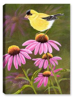 a painting of a yellow bird perched on top of purple coneflowers in front of a green background