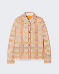 A cream-colored plaid cashmere button-down shirt with a relaxed fit, chest pockets, and a curved hem.