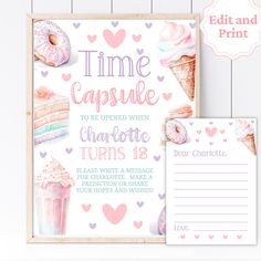 a pink and white card with donuts on it next to a sign that says time capsulele