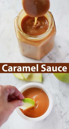 caramel sauce in a small white bowl with an apple on the side