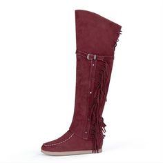 Winter Women Faux Suede Tassel Boots Fashion Ethnic Fringe Boho Long Boots Flat Heel Knee High Boots Festival Boots With Tassels And Round Toe, Red Bohemian Boots For Fall, Bohemian Boots With Tassels And Round Toe, Western Boots With Tassels For Festival, Western Festival Boots With Tassels, Brown Tasseled Boots For Festivals, Bohemian Fringe Boots With Round Toe, Bohemian Style Fringe Boots With Round Toe, Bohemian Knee-high Boots For Festivals