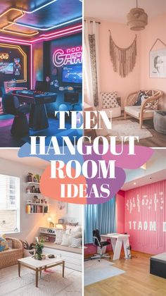 three different rooms with neon lights in them and the words ten hangout room ideas