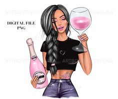 an illustration of a woman holding a wine bottle and a glass with pink liquid in it