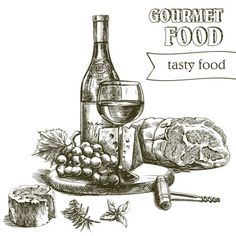 gourmet food with wine and bread on the table hand drawn illustration royalty free stock illustrations