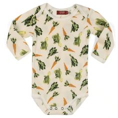 Fresh Veggies Organic Cotton Long Sleeve One Piece | MILKBARN Kids | Organic and Bamboo Baby Clothes and Gifts Spring Playtime Tops With Dinosaur Print, Green Dinosaur Print Tops For Spring, Green Dinosaur Print Top For Spring, Playful Fall Playwear For Babies, Kids Veggies, One Piece Collection, Organic Clothes, Organic Kids Clothes, Baby Outfit