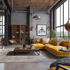 an industrial living room with yellow couches and large windows overlooking the cityscape