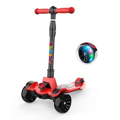 an electric scooter with wheels and lights on the front is shown in red