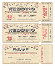 two vintage wedding tickets with hearts on them