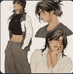 three different poses of a person with black hair and white shirt, one wearing grey pants