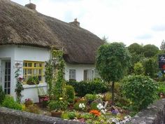 a thatched roof house with flowers and plants around it