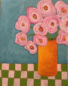 a painting of pink flowers in a yellow vase on a checkered tableclothed floor