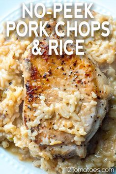 no - peek pork chops and rice on a white plate with text overlay