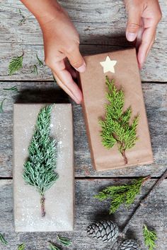 someone is wrapping christmas presents in brown paper with pine cones and evergreen branches on them